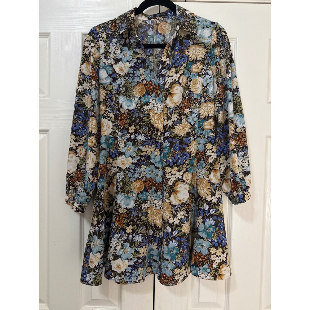 Zara Women Floral Button Down Mini Shirt Dress Long Sleeve Multicolor Size M